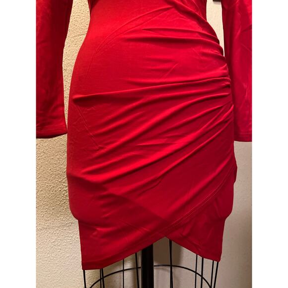 Sarin Mathews Deep V Neck Ruched Bodycon Long Sleeve Mini Dress Red NWT Size XL - Picture 4 of 9